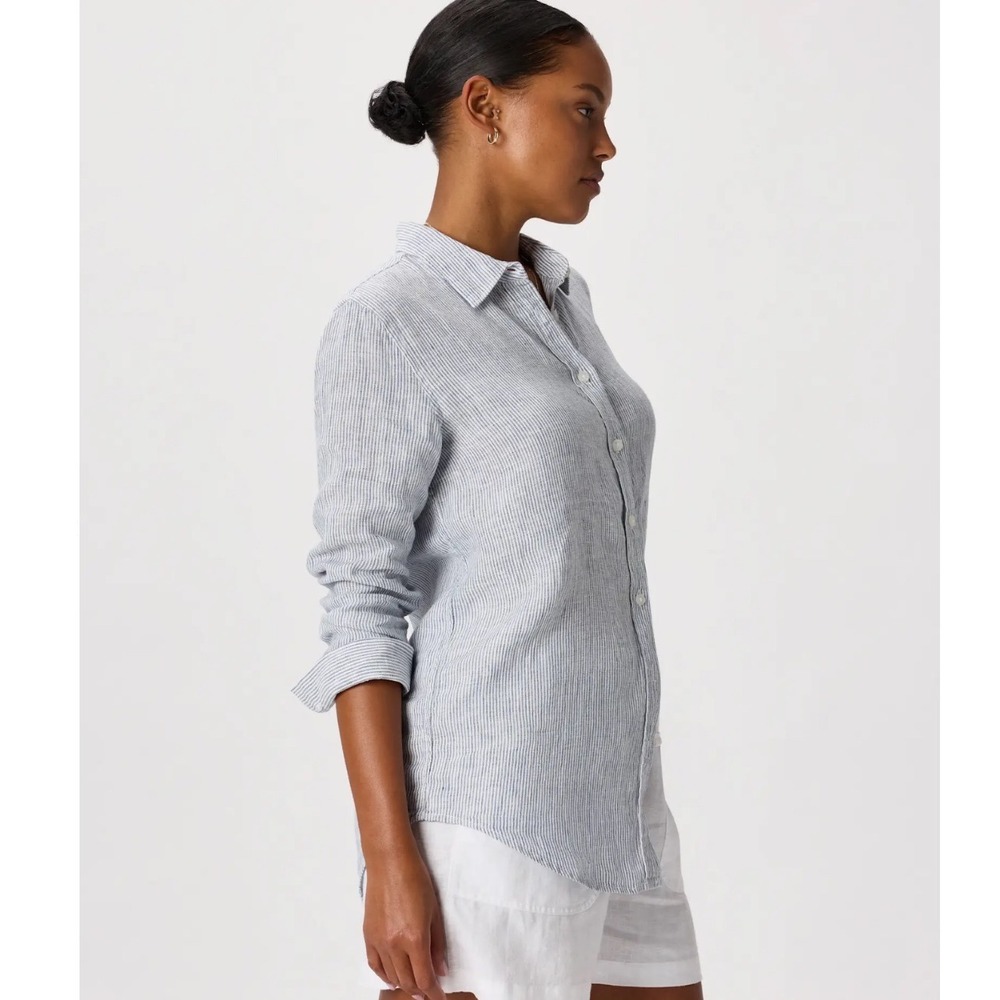 Quince 100% European Linen Pinstripe Button Front Shirt Blue White Womens M $80 - Picture 3 of 10